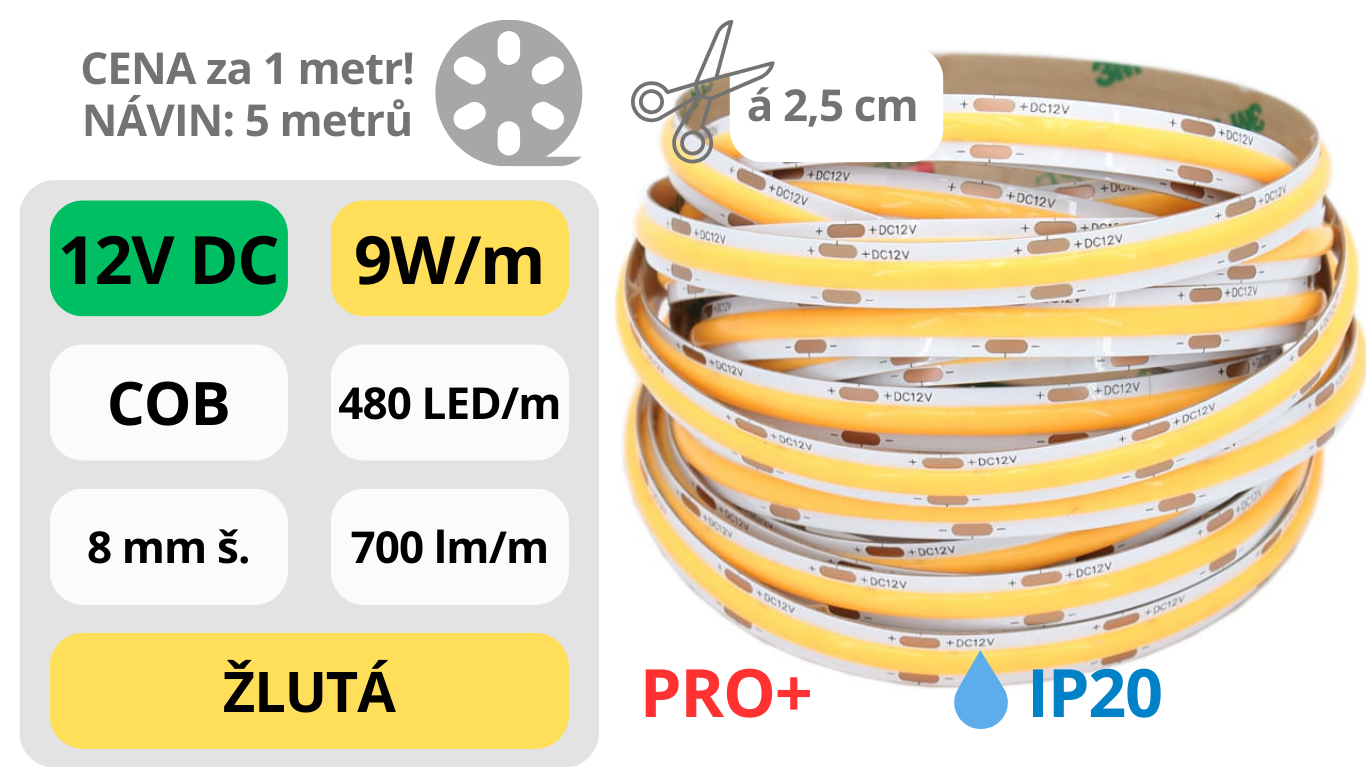 LED pásek COB 12V / 480LED / 9W / ŽLUTÁ / IP20 / 8mm / PRO+